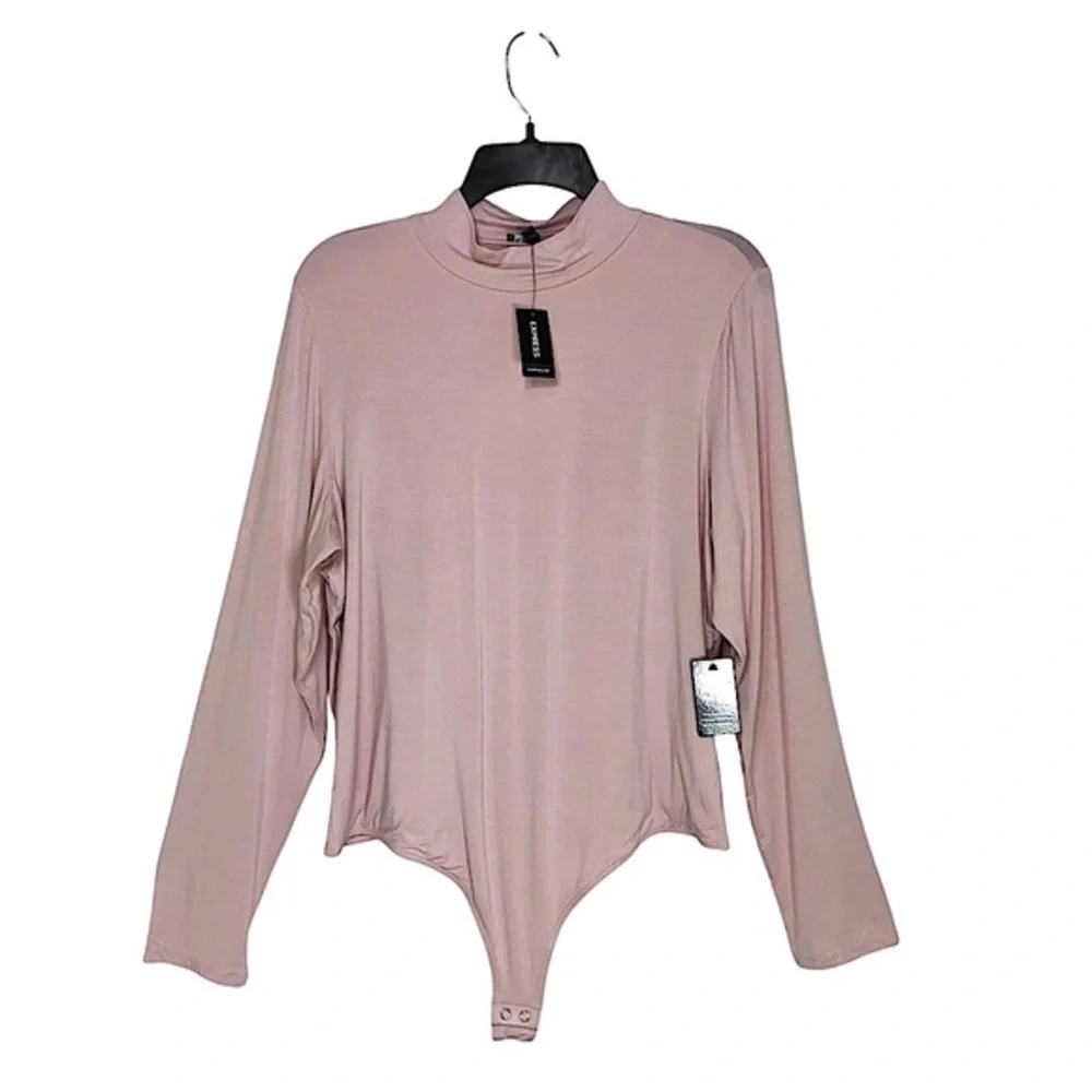 Express Stretchy Soft Light Pink Lined Front Monk Long Sleeve‎ Thong Bodysuit XL